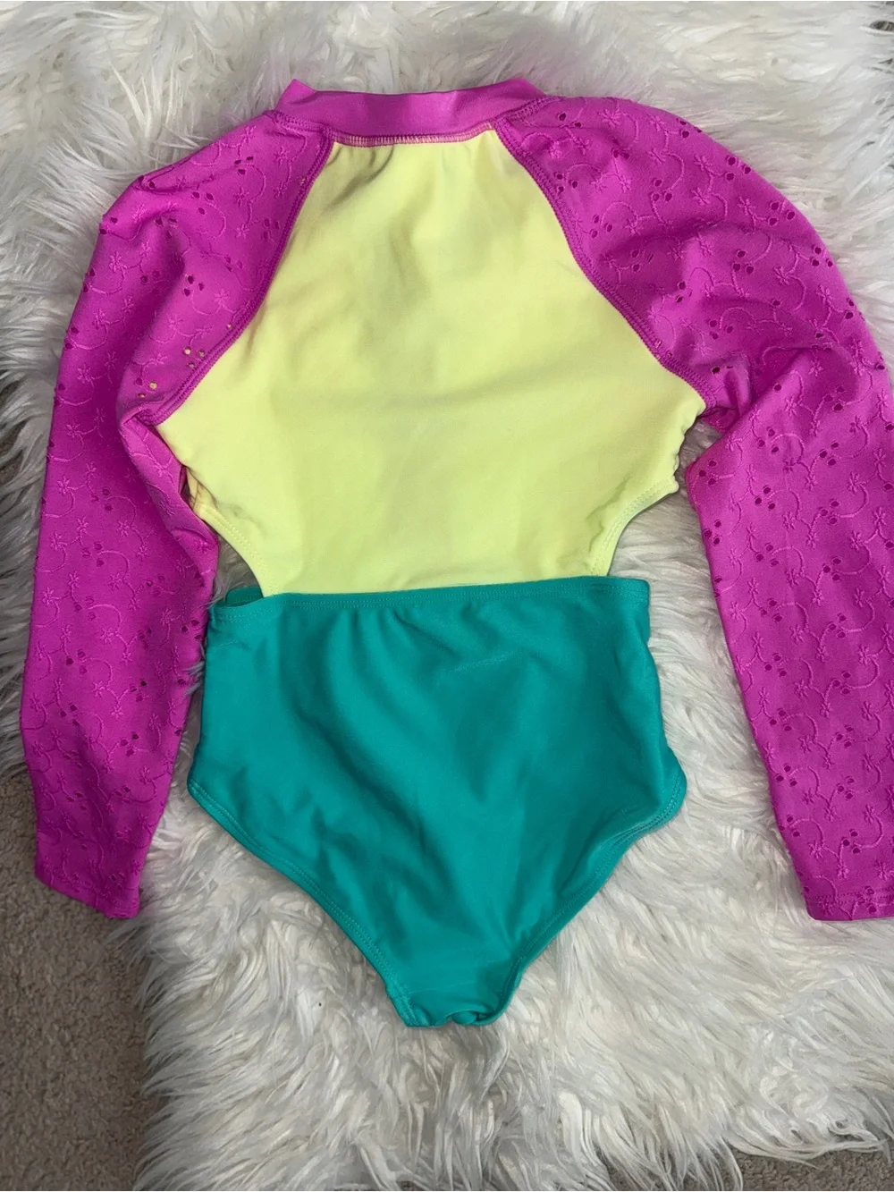 Justice Girls' Long Sleeve One-Piece Swimsuit - Hot Pink, Neon Yellow & Teal